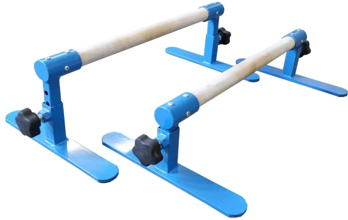 parallel bars attached to a flat metal base for practicing skills safely, closer to the floor