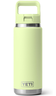 grasshopper yeti a light lime green metal water container with a silver band at the top