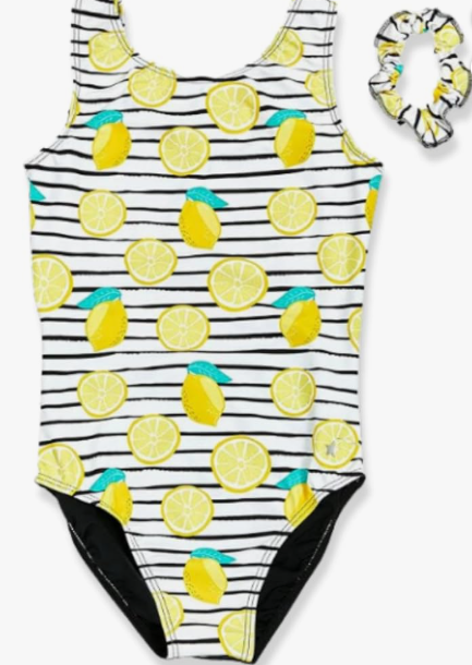 Screenshot 2026-07-11 151920 a black and white striped leotard with lemons and leaves printed on top.